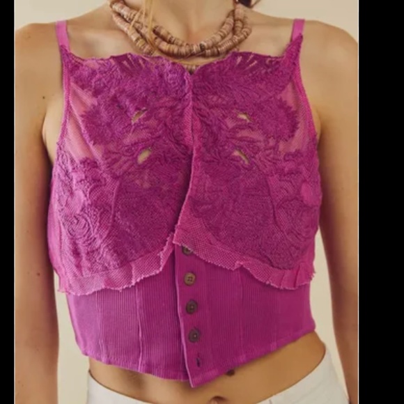 Have My Heart Tank by Free People Lace button Crop Corset Top Pink Large L - Picture 6 of 13